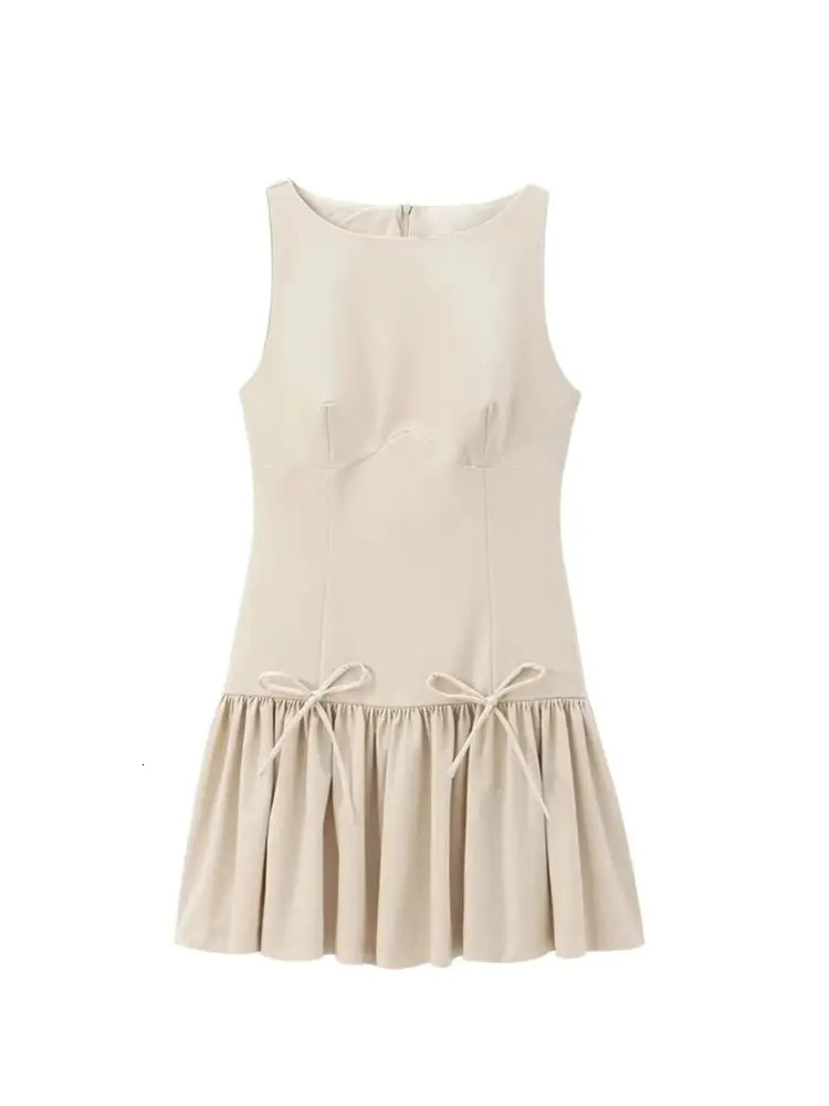 TRZA Womens Ruffle Mini Dress with Bow Oneck Sleeveless Back Zipper Wear Fashion 250320
