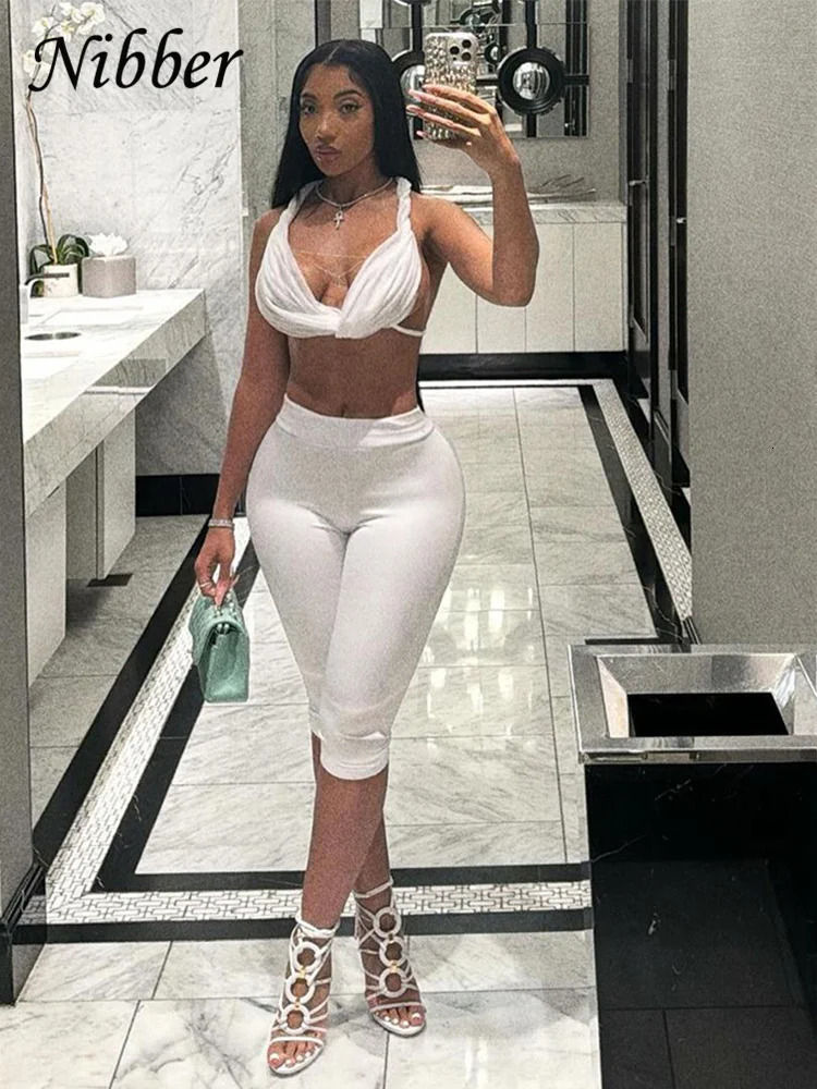 Nibber Sexy See Through Women 2 Piece Set Summer Trend Mesh Thin Whip Halter Tank TopsWide Waist Shorts Matching Street Outfits 250320