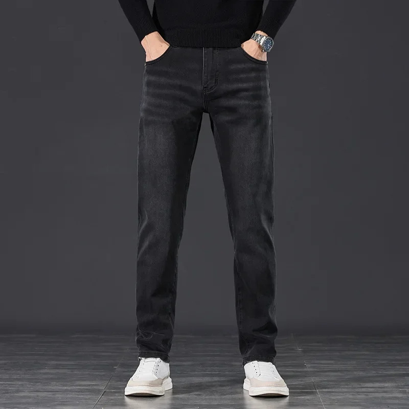 Mens business European slim straight leg jeans soft brushed wearing a casual appearance high stretch denim Trouser y250320