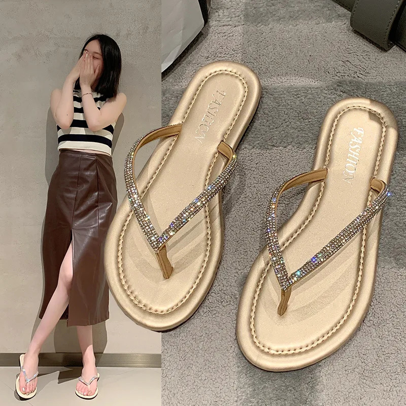 Womens summer slider beach anti slip slider flip casual womens shoes flat bottomed rhinestone beach slider solid Pantuflas 250318