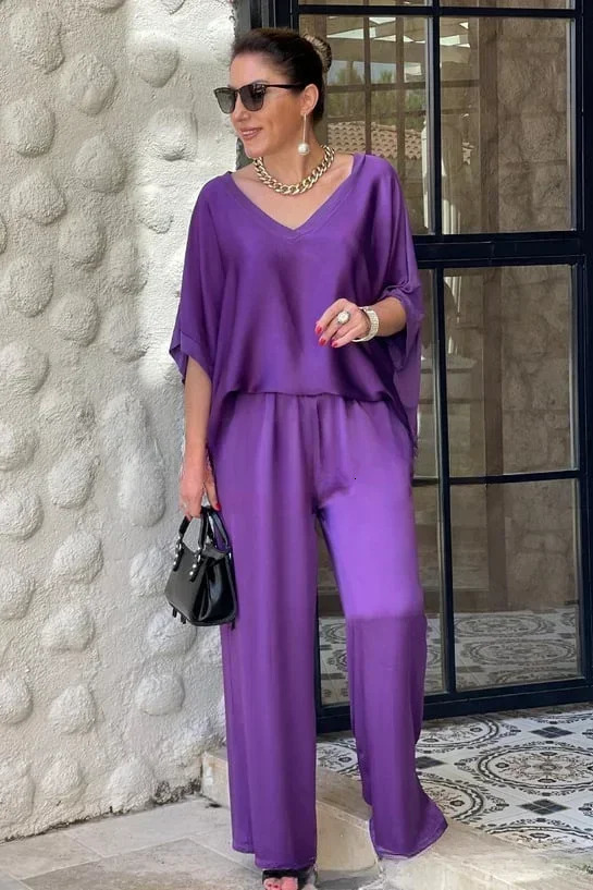2025 Spring Satin Oversize Women Suit Black V-neck Tops Long Pants Loose Suits Female Spring Casual Trendy Ladies Clothes 250320