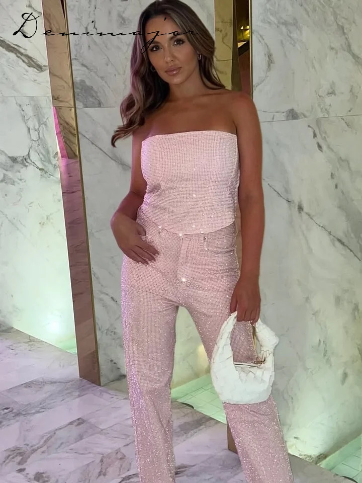Rhinestone denim vest pants set for women ultra-thin strapless empire waist zipper pocket pencil Trouser summer womens set 250320