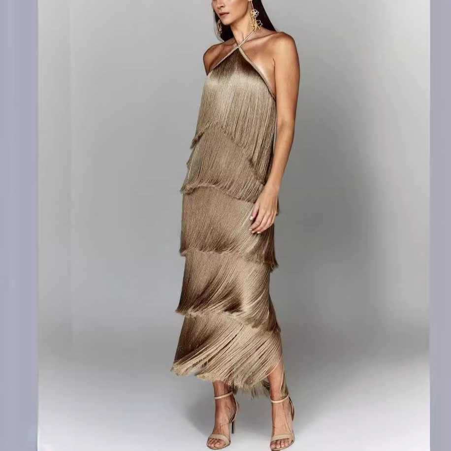 GY25044 Fashion Hanging Neck, Tassel, Bare Back, Split Dress 250315