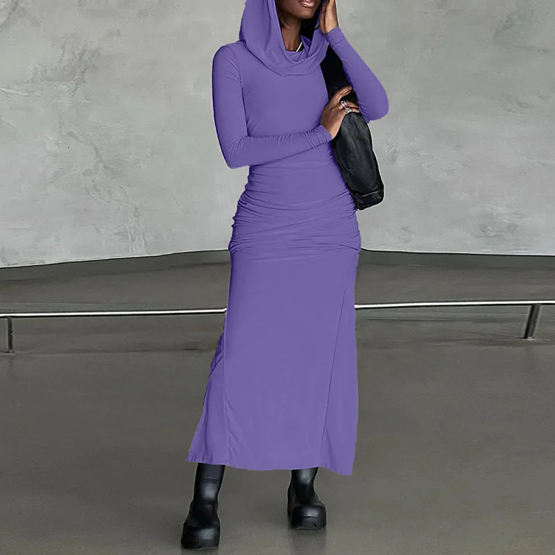 Autumn Product Fashionable Solid Color Slimming Wrinkle Hoodie Bag Hip Split Look Dress For Women 250320