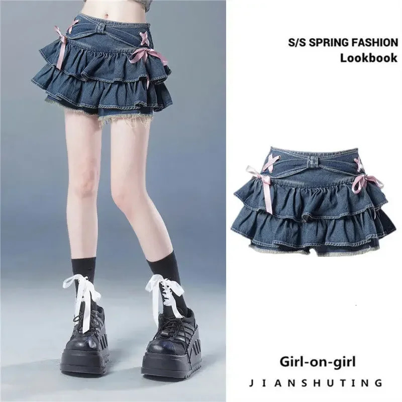 Blue Denim Pleated Skirt Y2K Aesthetic Sweet Pink Bow Lace Up Ruffles Cake Mini Skirts Harajuku Women Kawaii Short Skirt 250320