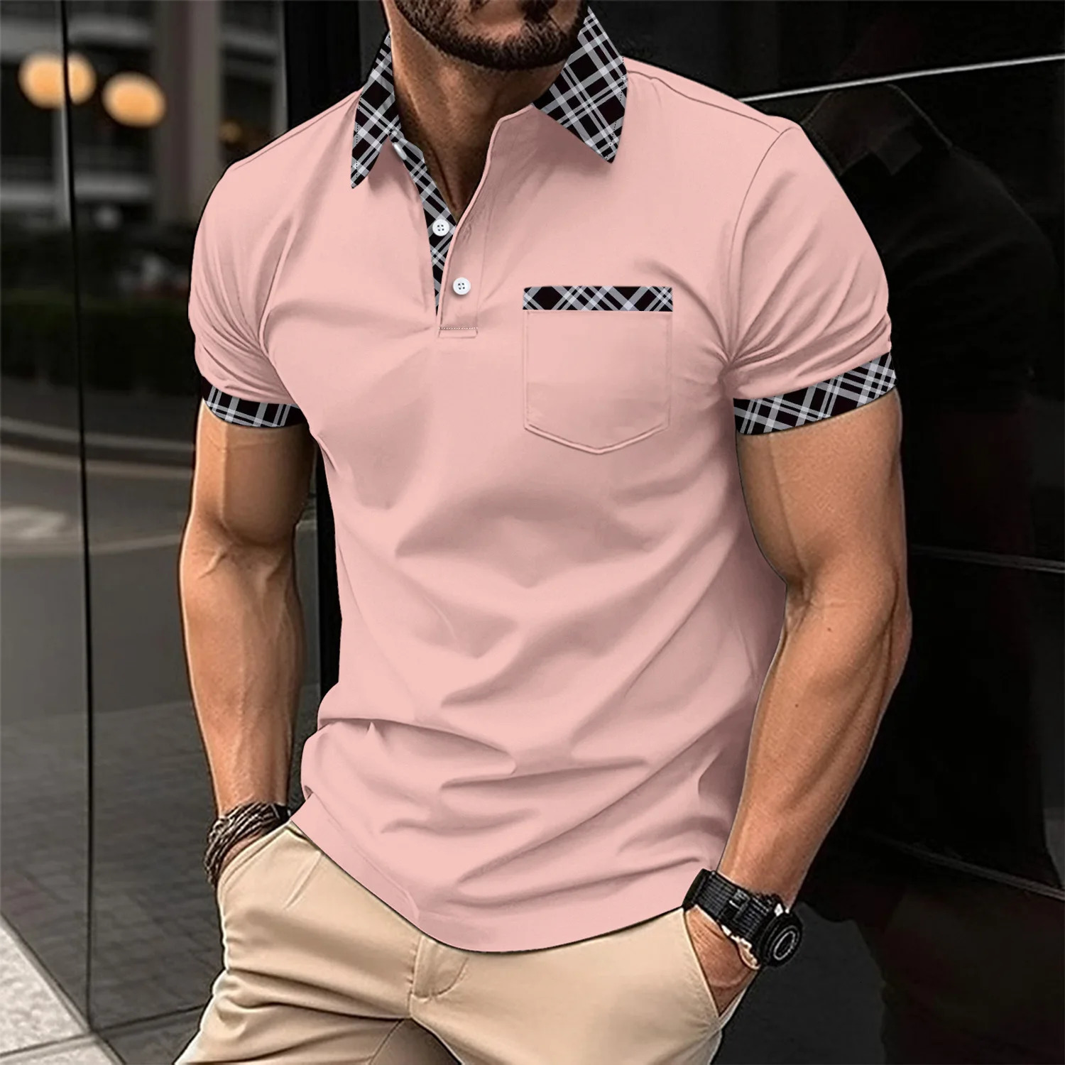 Summer selling fashionable mens polo shirt with checkered lapel buttons short sleeved casual and comfortable office clothing 250318