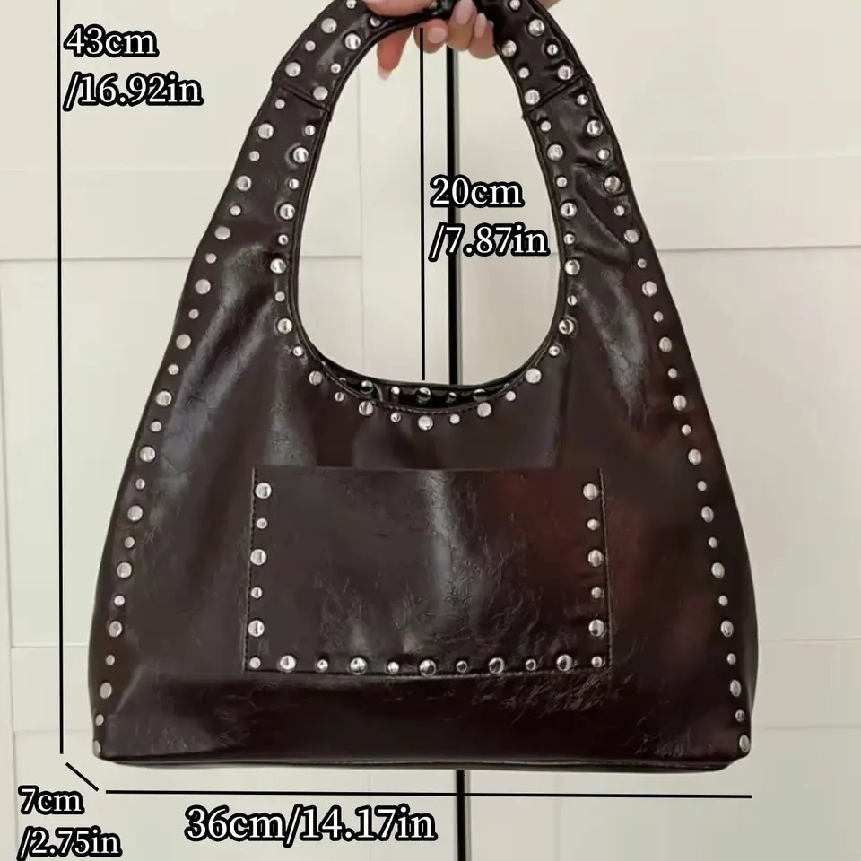 Retro Rivet Decorative Shoulder Bag Trendy Studded Purses Punk Inspired Motorcycle PU Leather Underarm Handbag For Women 250320
