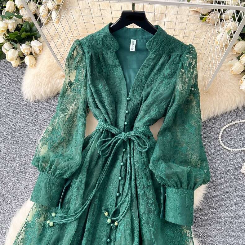 Dresses Whitedress June French High-end Dress 2025 Spring Waistband Heavy Embroidery V-neck Lantern Sleeves Single Breasted Long Skirt for Children