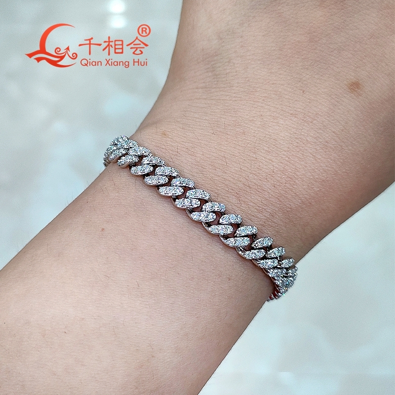 Sterling Silver Bracelet 6mm Width Half Moon with Moissanite Diamond Hip Hop Style Cuban Link Chain 925 Miami Jewelry