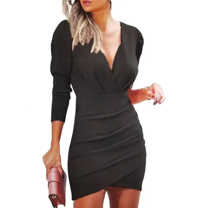 Explosive Waist Show Thin Solid Color Vneck Long Sleeve Tight Skirt Folk Nightclub Dress Women 250320