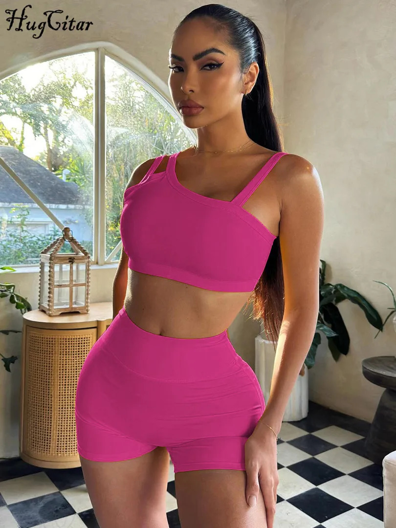 Hugcitar Summer Fashion 2-piece set solid belt backless sexy crop vest top drag shorts ultra-thin womens vacation workwear 250318