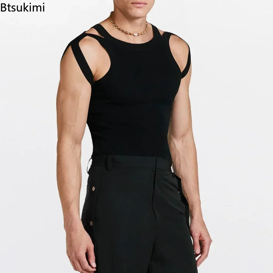 mens summer sleeveless solid vest streetwear O-neck hollow knit vest 250318