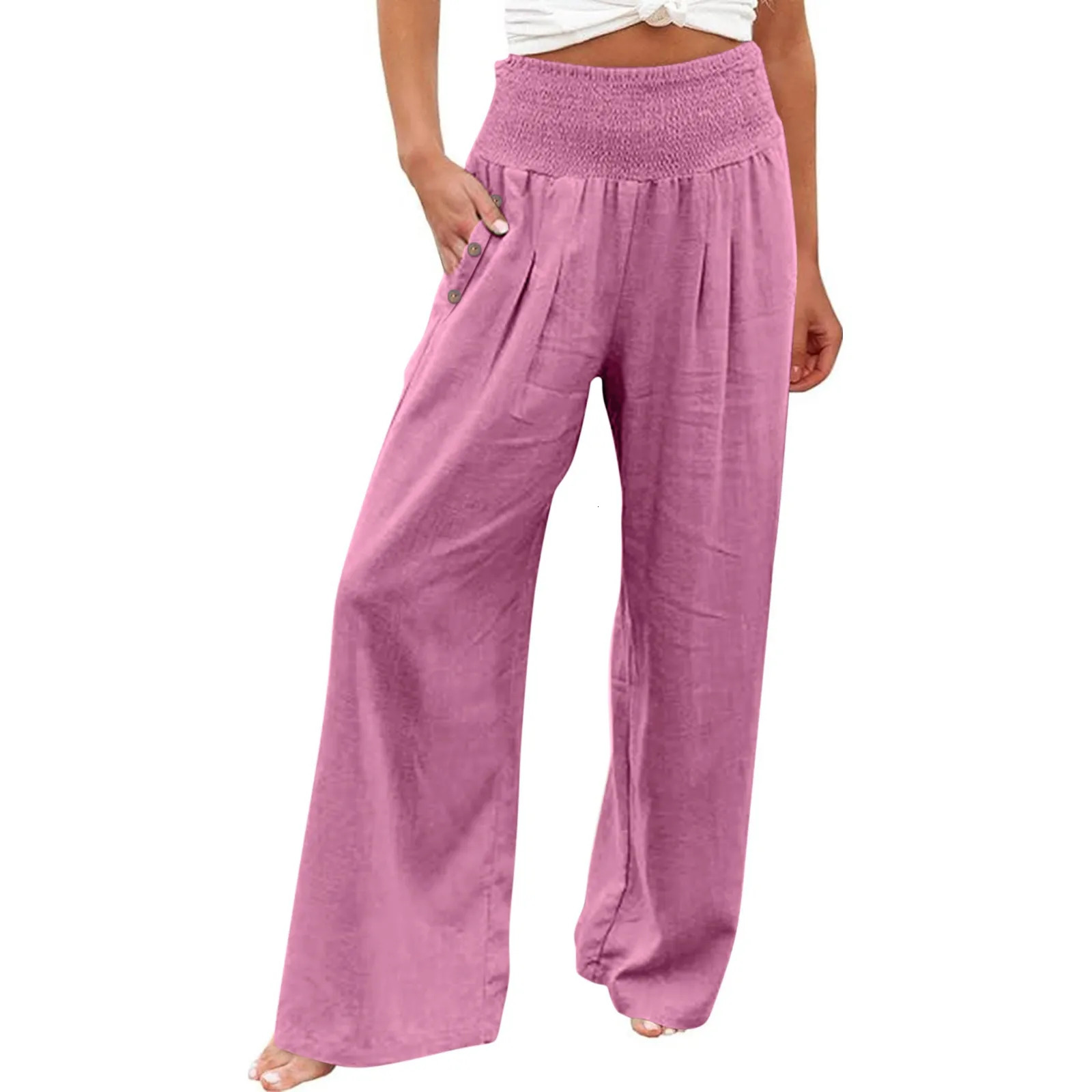Summer Cotton Linen Wide Leg Pants Women Loose Palazzo Pant Pocket Elastic Waist Button Casual Pants Pant for Women Women Pant 250320