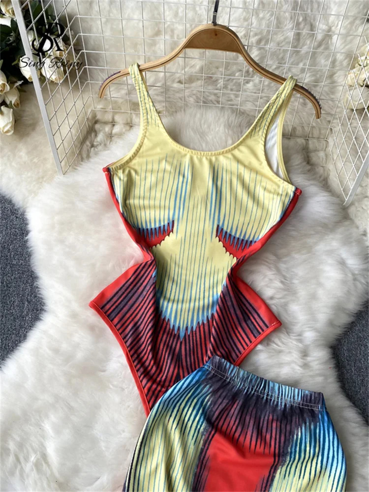 SINGREINY Fashion Print Skirt Suits Women Slim Sleeveless Camis BodysuitsMini Short Skirts Streetwear Summer Playsuit Sets 250320