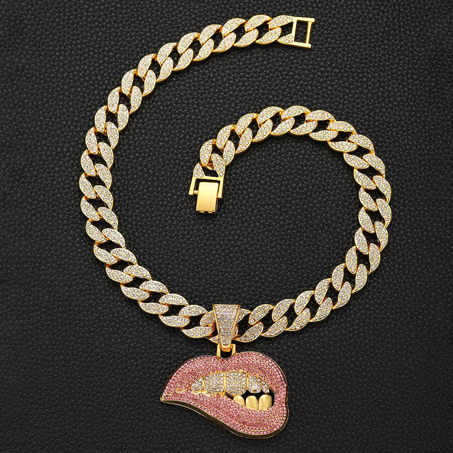 Colorful Dia Sexy Lip Biting Hip Hop Personalized Creative Pendant hip hop Cuban Chain Necklace