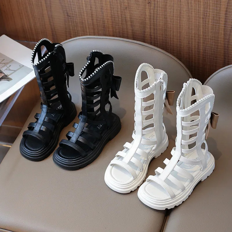 Girl Long Roman Boots Children Hightop Leatehr Sandals Summer Fashion Kids Pearls Gladiator with Bowtie Princess H06256 250304