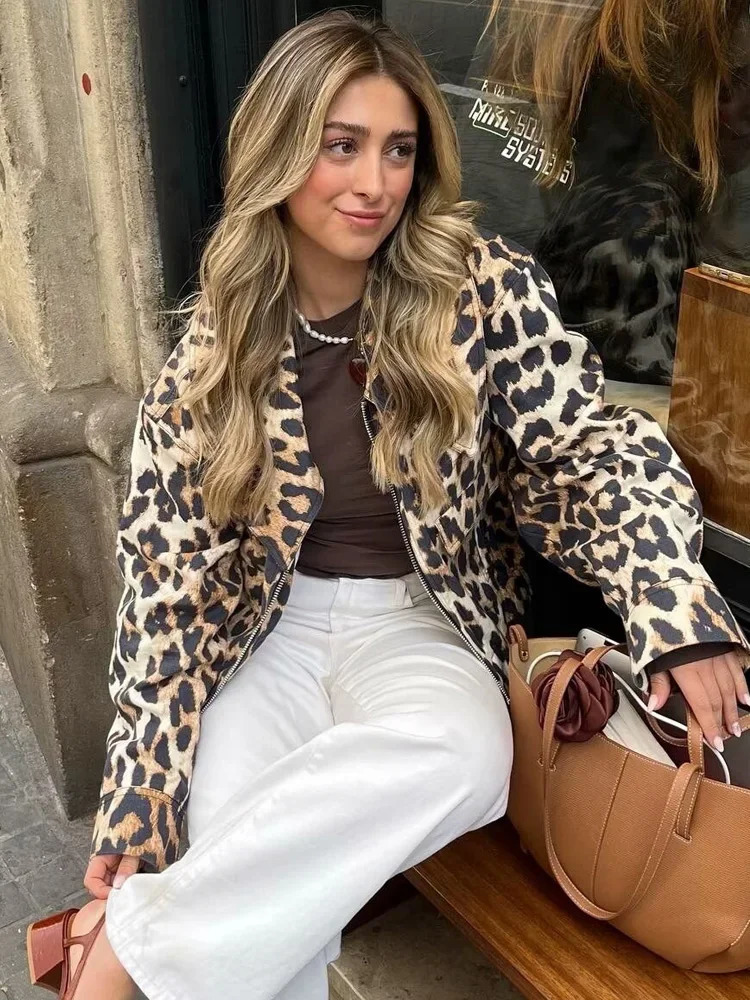 Y2K TRAF Leopard Print Jackets for Women Spring Chic Turndown Collar Coat Female Front Zipper with Pockets In Outerwear 250320