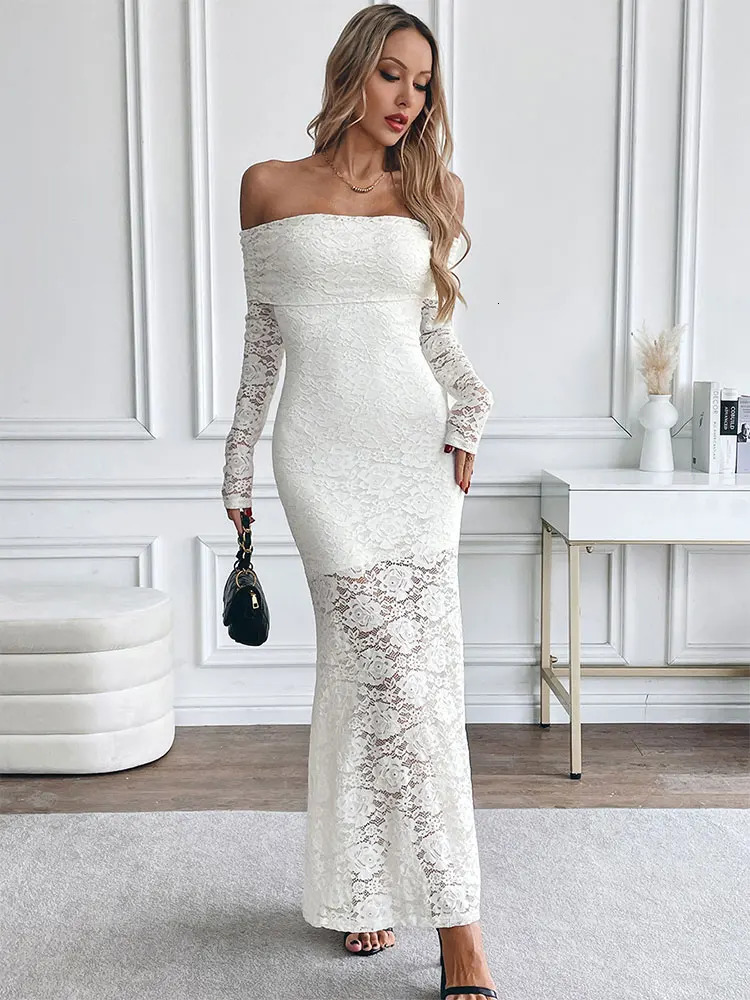 High quality Maxi dress for spring womens streetwear fashion long sleeved solid sexy lace strapless clothing 250320