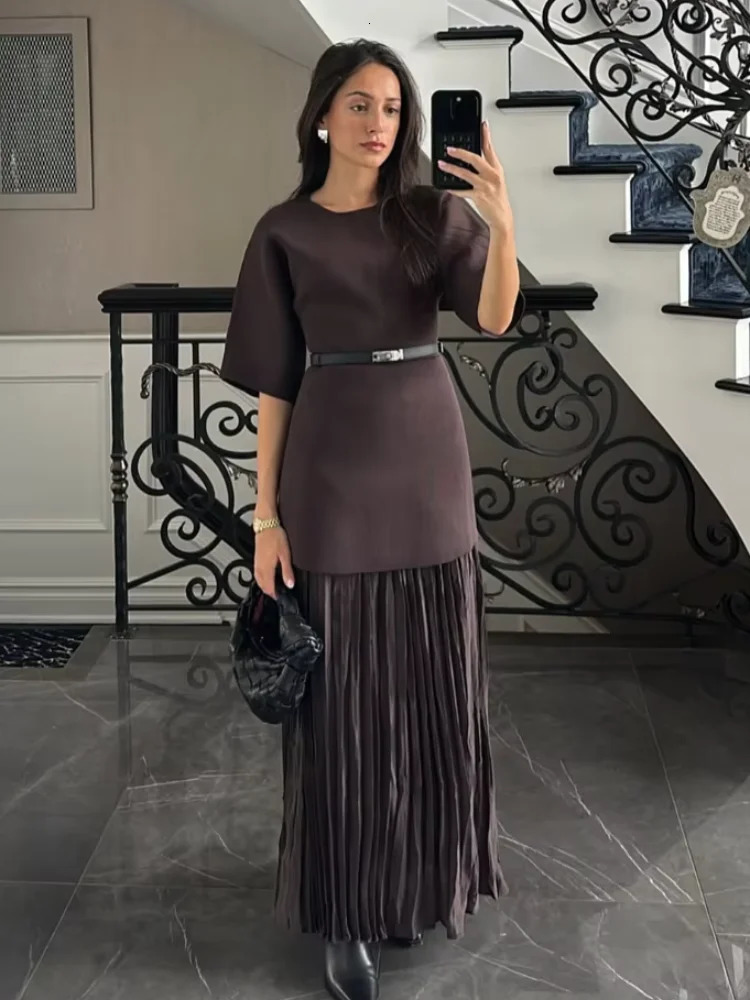 Chic Splicing Brown Half Sleeve Maxi Dress Womens Casual Pleated Aline Slim Dresses Female Office Commute Street 250320