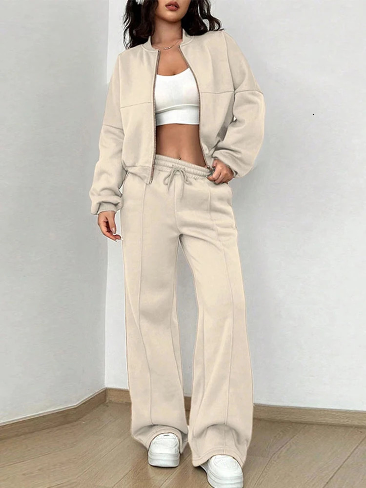 Womens 2-piece Track Set Retro Zipper Bomber Jacket Sweater High Waist Womens Loose Velvet Pants Sportswear 250320