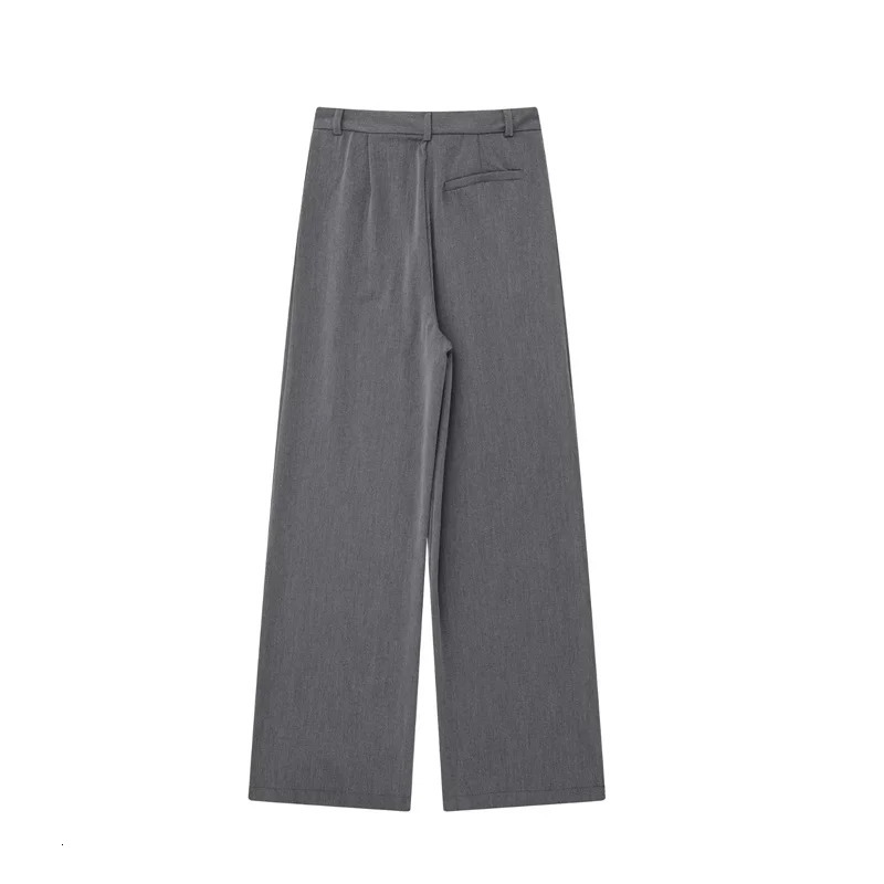TRAF 2024 Womens Pants Beige Grey Black Wide Leg High Waist Pocket Fashion Summer Office 250320