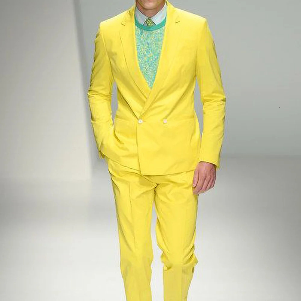 Fashion Men Suits Yellow Casual Formal Wedding Slim Fit Notch Lapel Double Breasted Male Blazer Solid Color Suit 2 Piece Set 250311