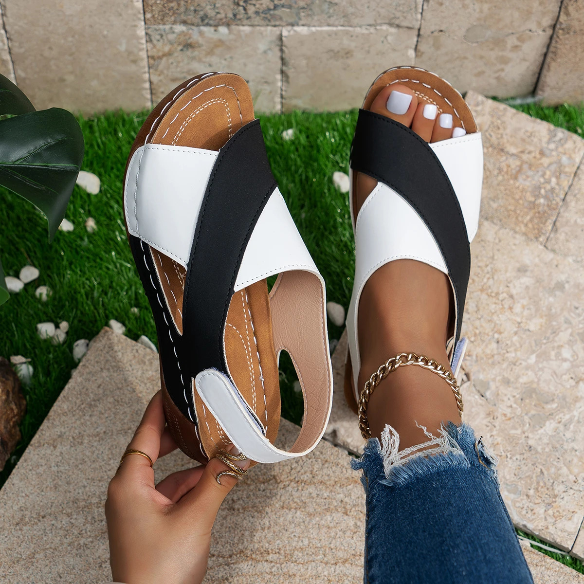 Womens Summer Mixed Color Wedge Sandals Comfortable Non slip Beach Shoes PU Leather Platform Roman 250321BJ - view 4