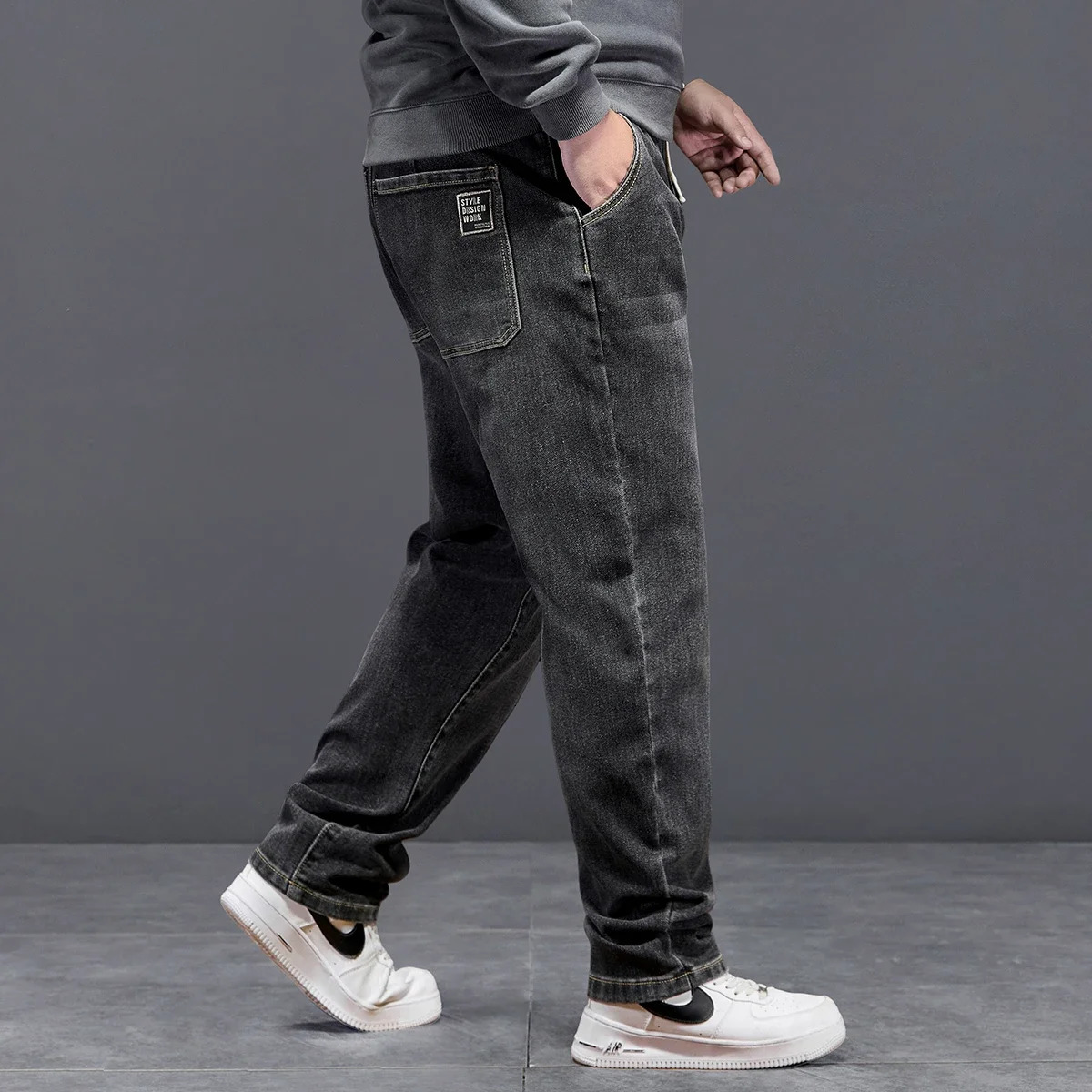 Extra Big Size Jeans Men High Elastic Waist Baggy Denim Pant Male Plus Large Loose Fit Cow Trouser 8XL 6XL Classic Black Blue 250320