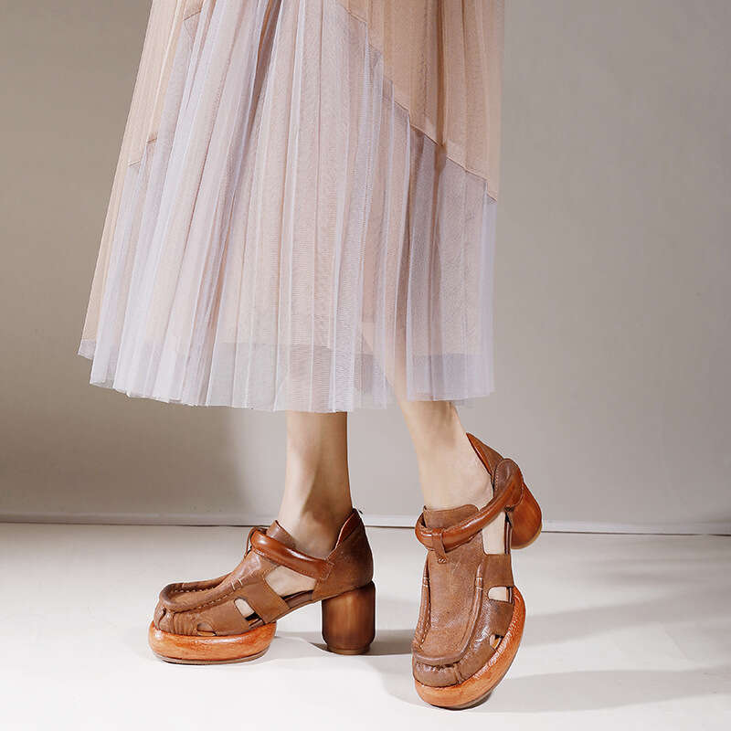 High Heel Genuine Leather Thick Heeled Women Returning To The Ancient Style For Spring And Summer New Waterproof Platform Tire Cow Comfortable Handmad