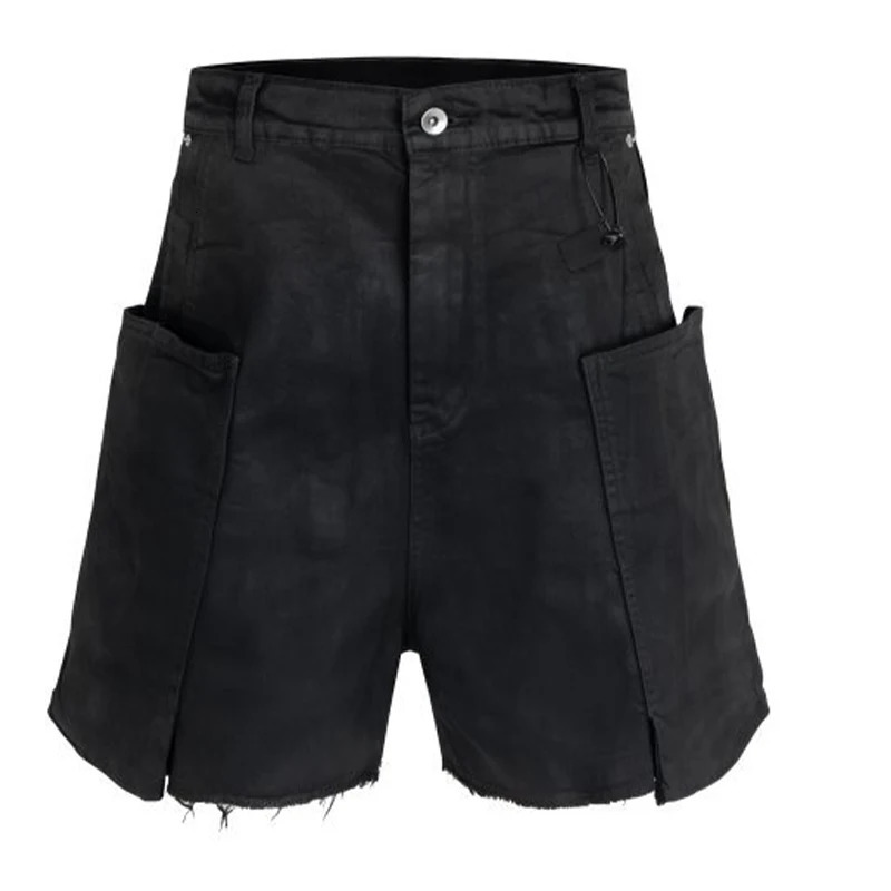RO Style Brushed Wax Coated Rough Edge Denim Shorts Men Dark Multi Pockets Five Quarter Pants Cargo 250320