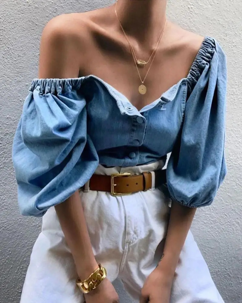 Retro womens button denim shirt casual shoulder half lantern sleeve loose floral top 250317