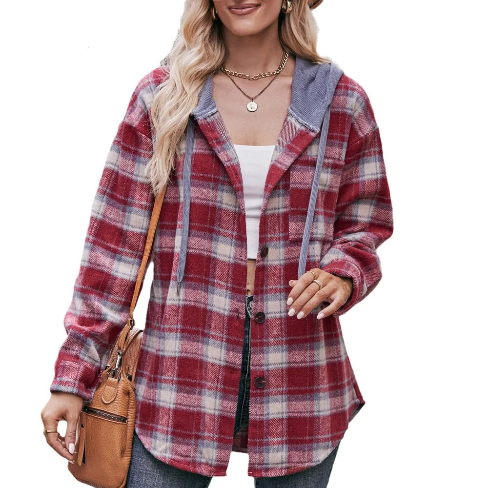 Spring Autumn Women Flannel Jacket Female Checkered Contrast Drawstring Hooded Casual Shirt Coat Womens Oversize Windbreaker 250313