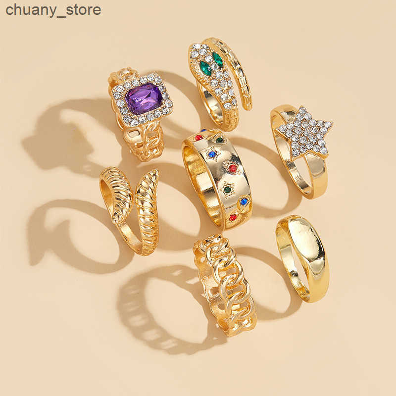 Solitaire Ring Personalized alloy 7-piece ring set star niche stacking set metal exaggerated opening ring for women z250321