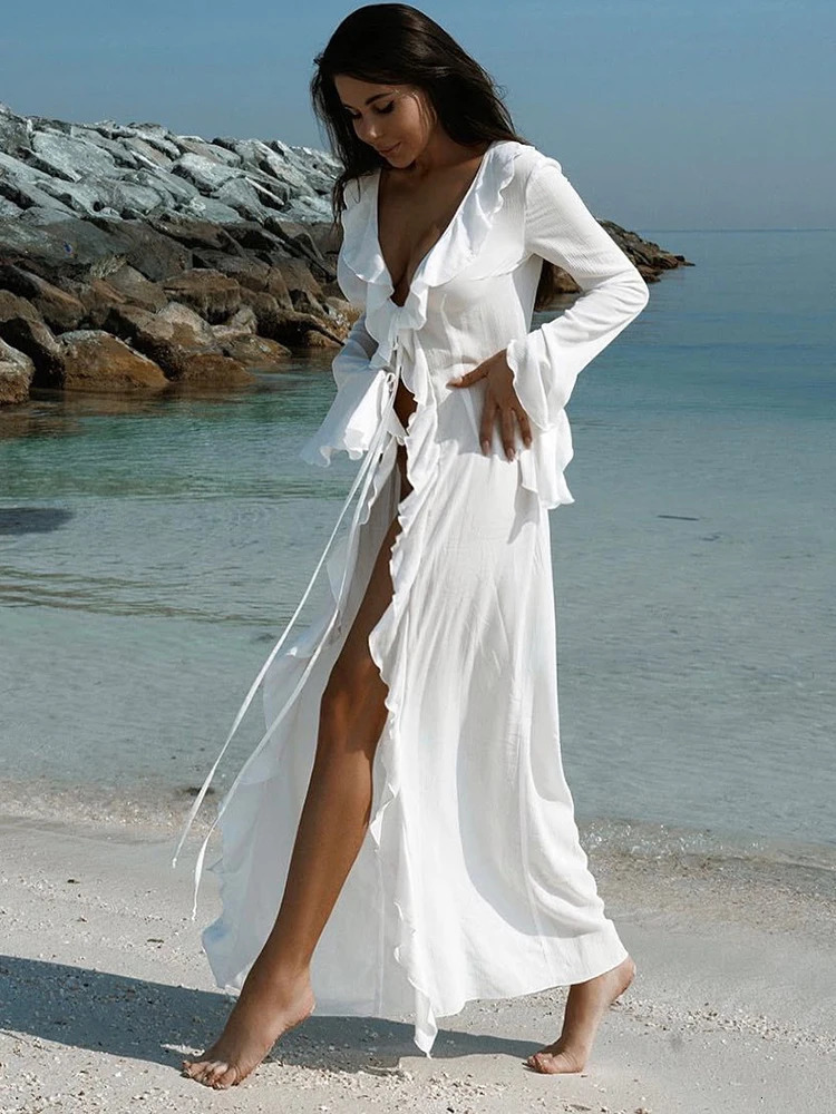 OIINAA Ruffle Bikini Cover-Ups Women Beach Cover Up Elegant Long Sleeve Lace Up Summer Solid Fashion Female Holiday Beachwear 250317