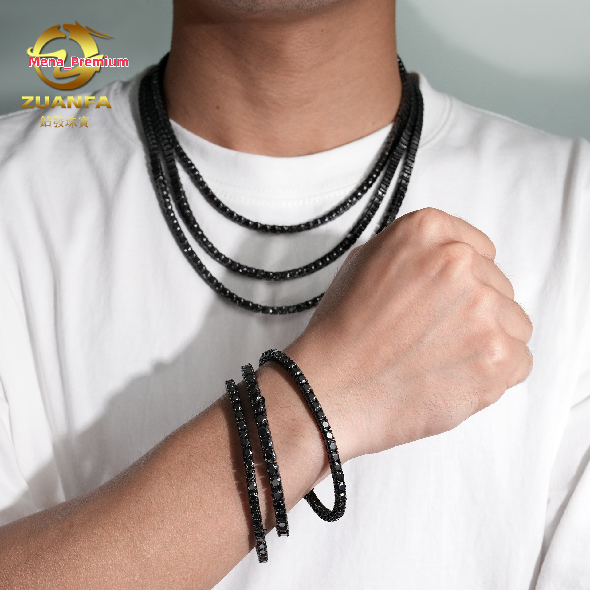 New 4-5mm 316L stainless steel set black moissanite tennis chain hip-hop mens and womens bracelet