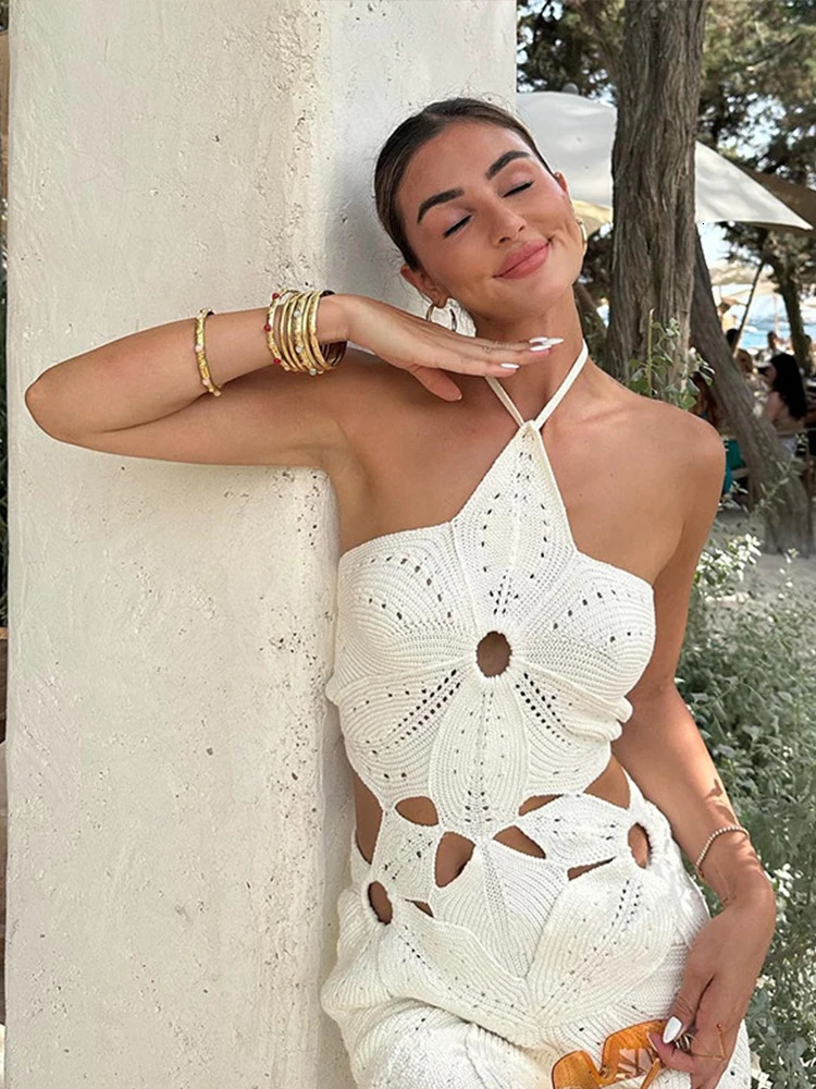 Hollow Out Halter Women Dress Sleeveless Backless Solid Female Mini Beach Dresses Fashion Knitted Short Lady Slim 250317