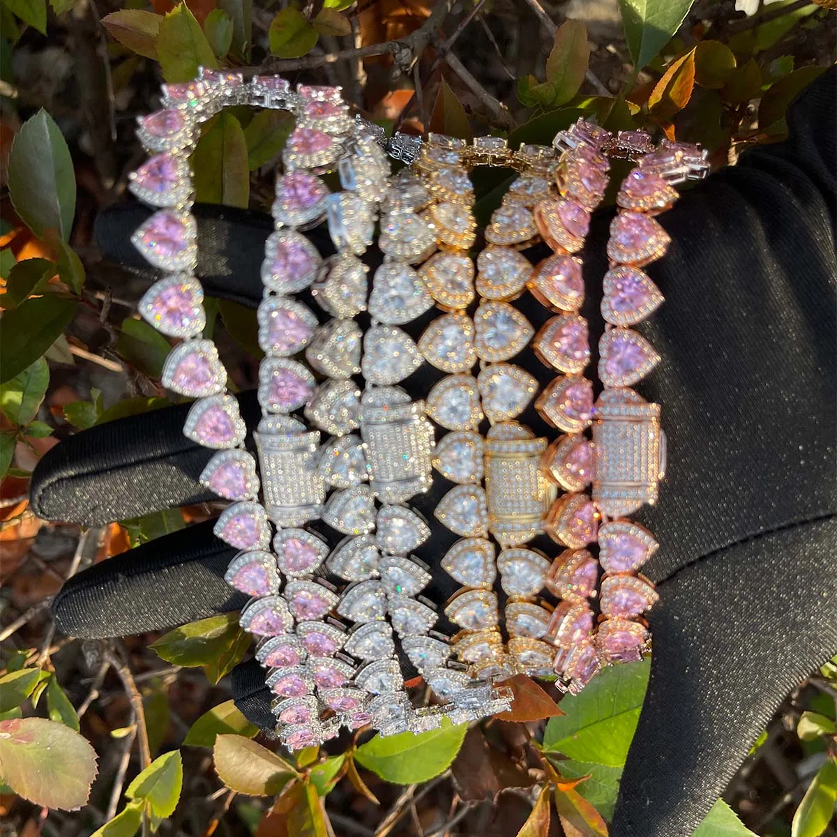 2025 New model Bubble Letter Clustered Heart Tennis Chain for Women Glossy Girl Choker Prong Setting Necklace Pink Hip Hop Jewelry