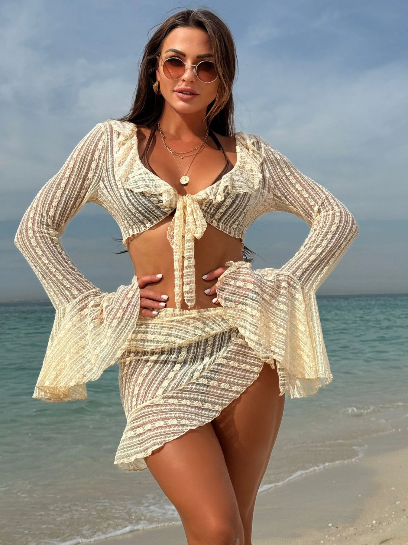 2025 Sexy Lace Puff Sleeve Four Piece Bikini Set Womens Long Swimsuit Beach Wear 250320Z