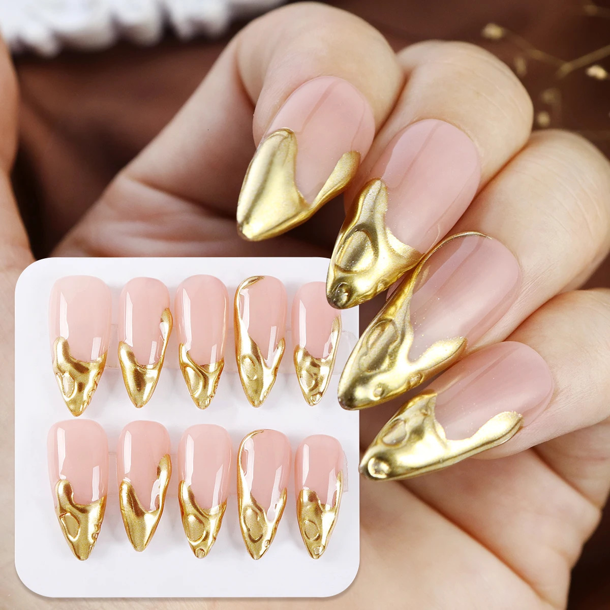 10pcs Pure Handmade 3D Gold Press on Nails Metallic Long Almond Fake Nails Reusable Full Coverage Fake Nail Tips 250319