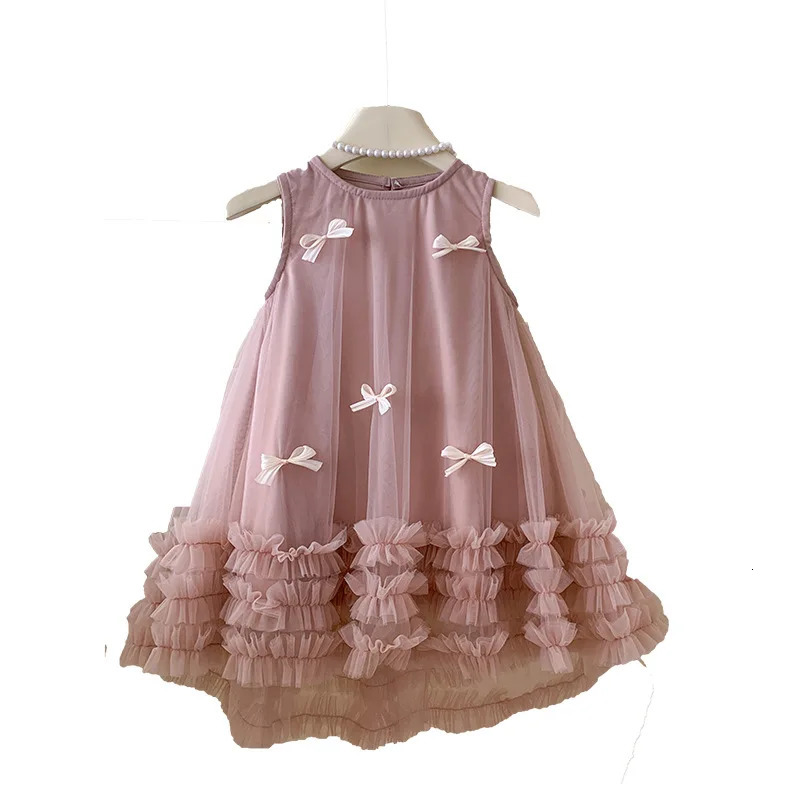 Summer Kids Girl Party Princess Dresses Bow Sweet Sleeveless Infant Baby Girls Tulle Dress Gauze Dresses for Girls 2 To 8 R250424