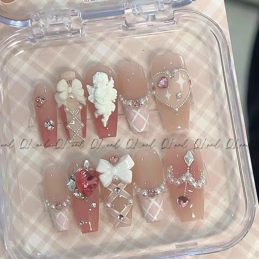 Cute Pink Sweet Princess Removable Handmade Wear Nail Art Y2K Vitality Girl Short Fake Nails Blush Bow Nail Patch 250319