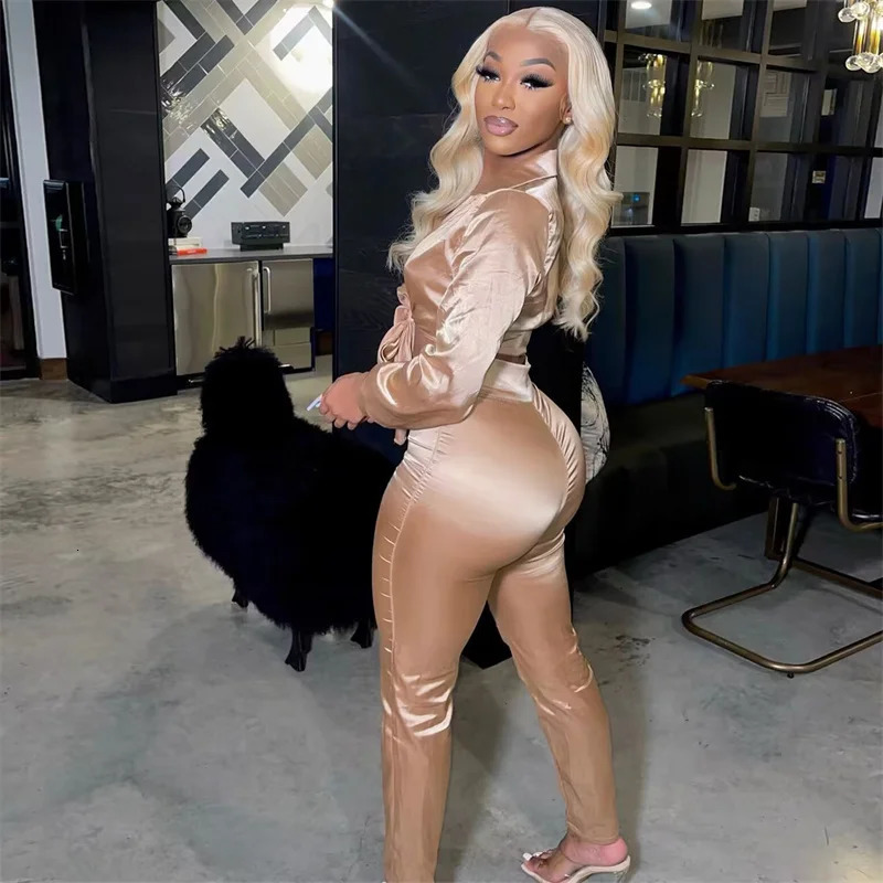 Elegant Satin Two Piece Set Women Clothing Long Sleeve Lace-Up Crop Top and Pants Club Birthday Outfits Matching Sets Wholesale 250320