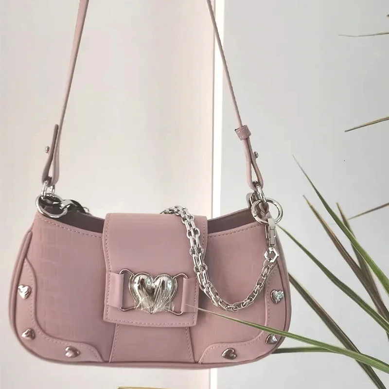 Womans Bags Pink Single Shoulder Bag Metal Chain Heart Decoration Y2K Style Underarm Bag Loveliness Lady Fashion Handbags 250314