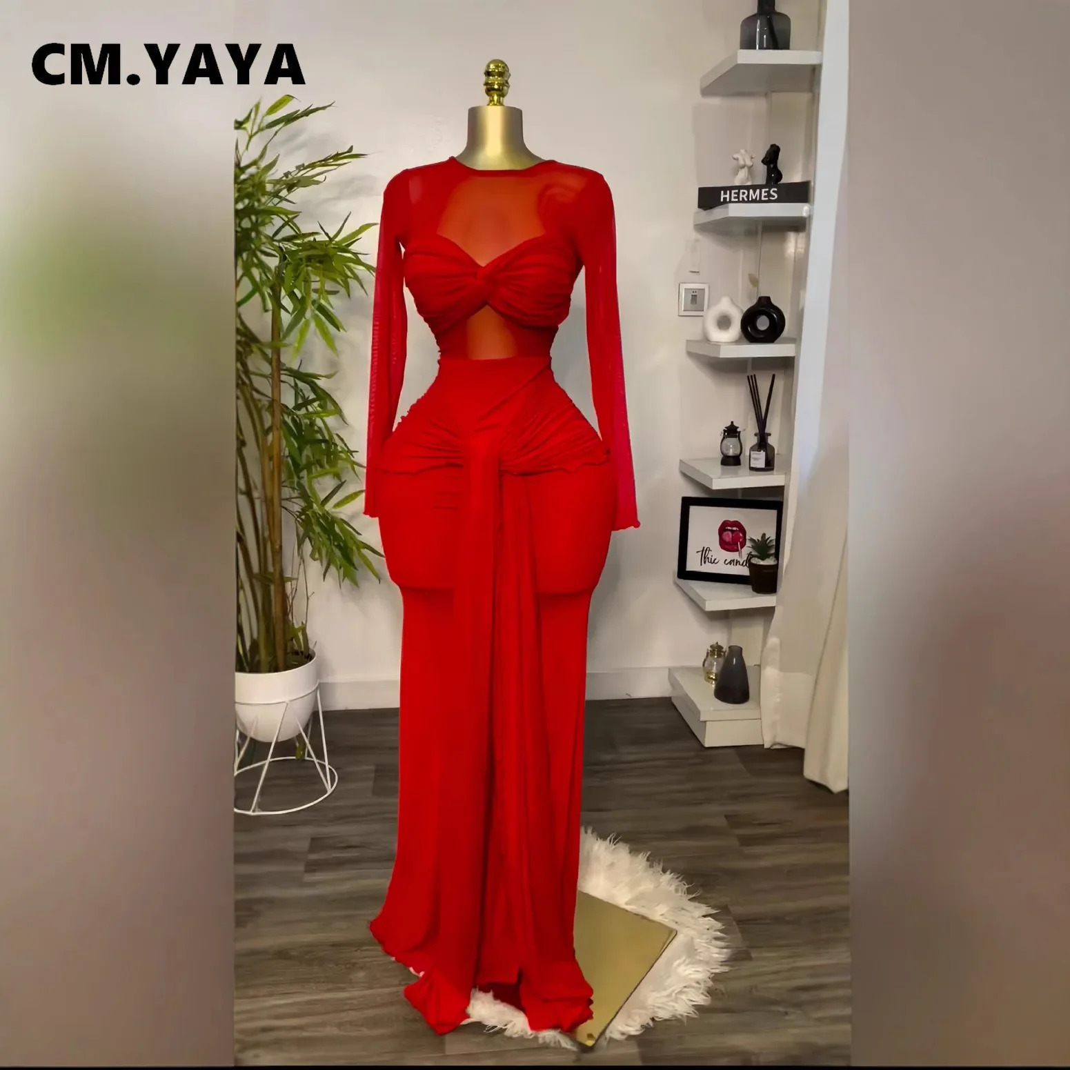 CMYAYA Women Mesh See Though Long Sleeve Maxi Bowknot Dress Evening Sexy Club Party High Street Dresses 250317