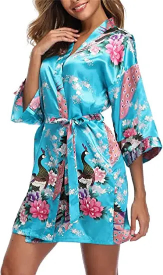 Satin Silk Women Wedding Bridemaid Robe Sexy Crane Print Bathrobe Short Long Kimono Night Gown Robe Fashion Dressing Gown Female 250321