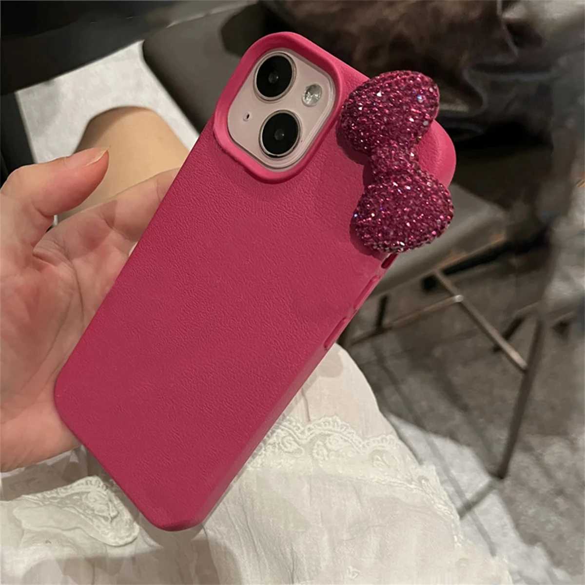 Luxury rhinestone bow Litchi pattern leather phone case suitable for 16 15 14 13 11 Pro Max cute bow shock resistant soft phone caseXJ250321