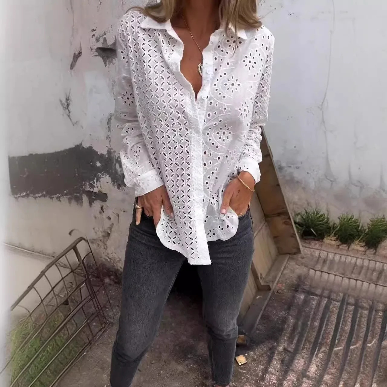 Fashion womens shirt lace flower hook hollow open button mesh top spring and summer chic shirt 250320