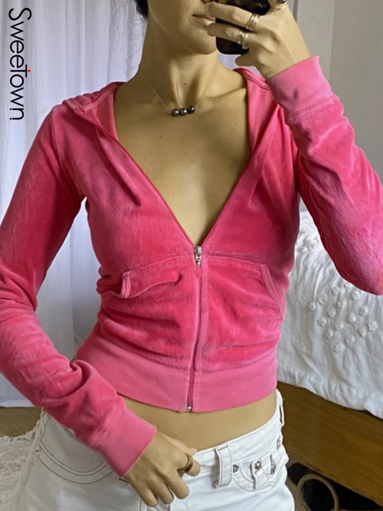 Sweetown Pink Sweet Cute Velvet Y2K Crop Hoodies Women Zip Up Hooded Jacket Pullover Vintage Aesthetic Casual Green Sweatshirts 250320