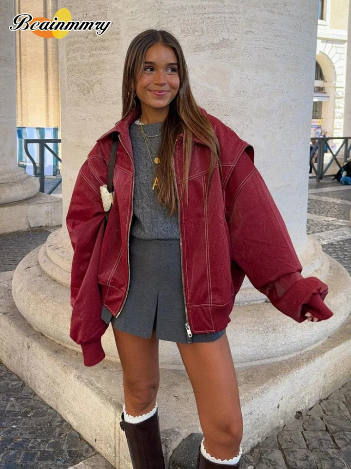 Fashion Patchwork Lapel Long Sleeve Coats Vintage Red Zipper Leather Jacket For Women 2024 Autumn Winter Female Casual Outerwear 250313