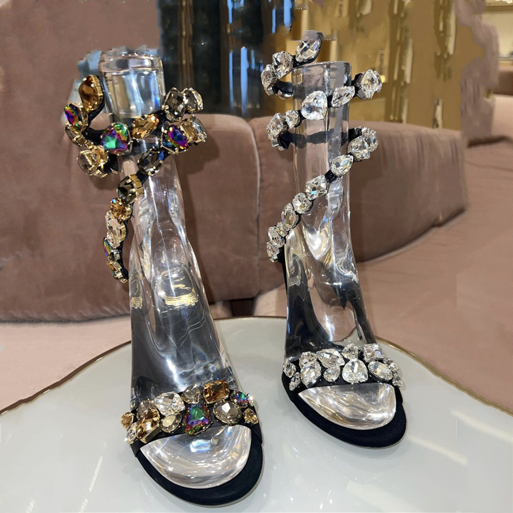 2024 Summer New Snake shaped High Heel Sandals Water Diamond Fashion Colorful Stone Sheepskin Silver Sole Banquet Shoes